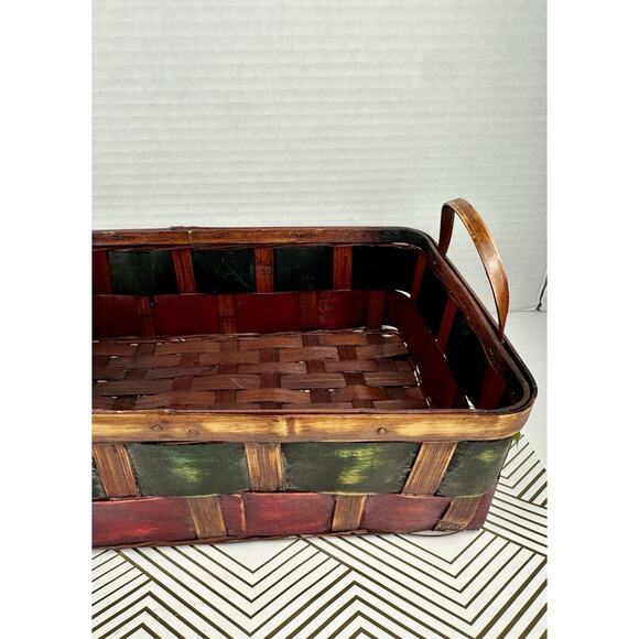 Vintage Handwoven Wooden Basket – Red & Green Rustic Storage Décor – 20” Long - Picture 3 of 6